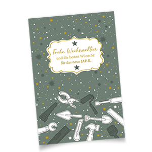 Vergrößere Abbildung Grüne Weihnachtskarte aus Recyclingpapier mit goldgeprägtem Gruß, Werkzeug-Motiven und goldenen Sternchen.