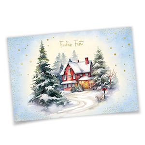 Vergrößere Abbildung Weihnachtskarten Haus im Schnee aus strukturiertem Aquarellkarton mit verschneitem Landhaus, Tannen, goldenem Weihnachtsgruß Frohes Fest und weißem Einlegeblatt