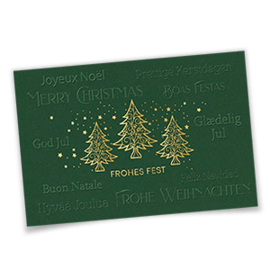 Vergrößere Abbildung Grüne Weihnachtskarten Weltweite Weihnachtsgrüße mit drei goldgeprägten Tannenbäumen, internationalen Grüßen in Blindprägung und goldgeprägtem Schriftzug Frohes Fest