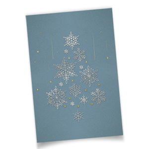 Vergrößere Abbildung Hellblaue Firmen-Weihnachtskarten mit silbergeprägten Schneeflocken und Eiskristallen, goldenen Sternen