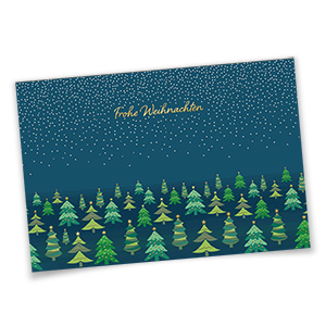 Vergrößere Abbildung Weihnachtskarten mit Tannenwald unter blauem Sternenhimmel und goldgeprägtem Gruß Frohe Weihnachten