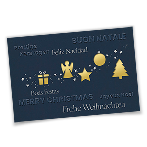 Vergrößere Abbildung Dunkelblaue Weihnachtskarten mit internationalen Grüßen, Formstanzung von Engel und Stern