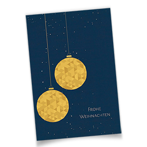 Vergrößere Abbildung Firmen-Weihnachtskarten in Blau mit goldenen Weihnachtskugeln, Silberprägung und Weihnachtsgruß Frohe Weihnachten