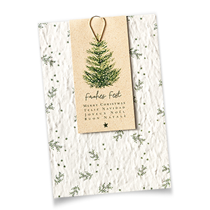 Vergrößere Abbildung Nachhaltige Weihnachtskarte aus Samenpapier mit Lesezeichen, goldener Klammer und internationalen Weihnachtsgrüßen