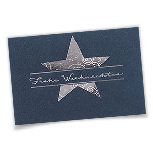 Vergrößere Abbildung Blaue Firmen-Weihnachtskarte aus Metallic-Karton mit silbernem Stern und Einlegeblatt